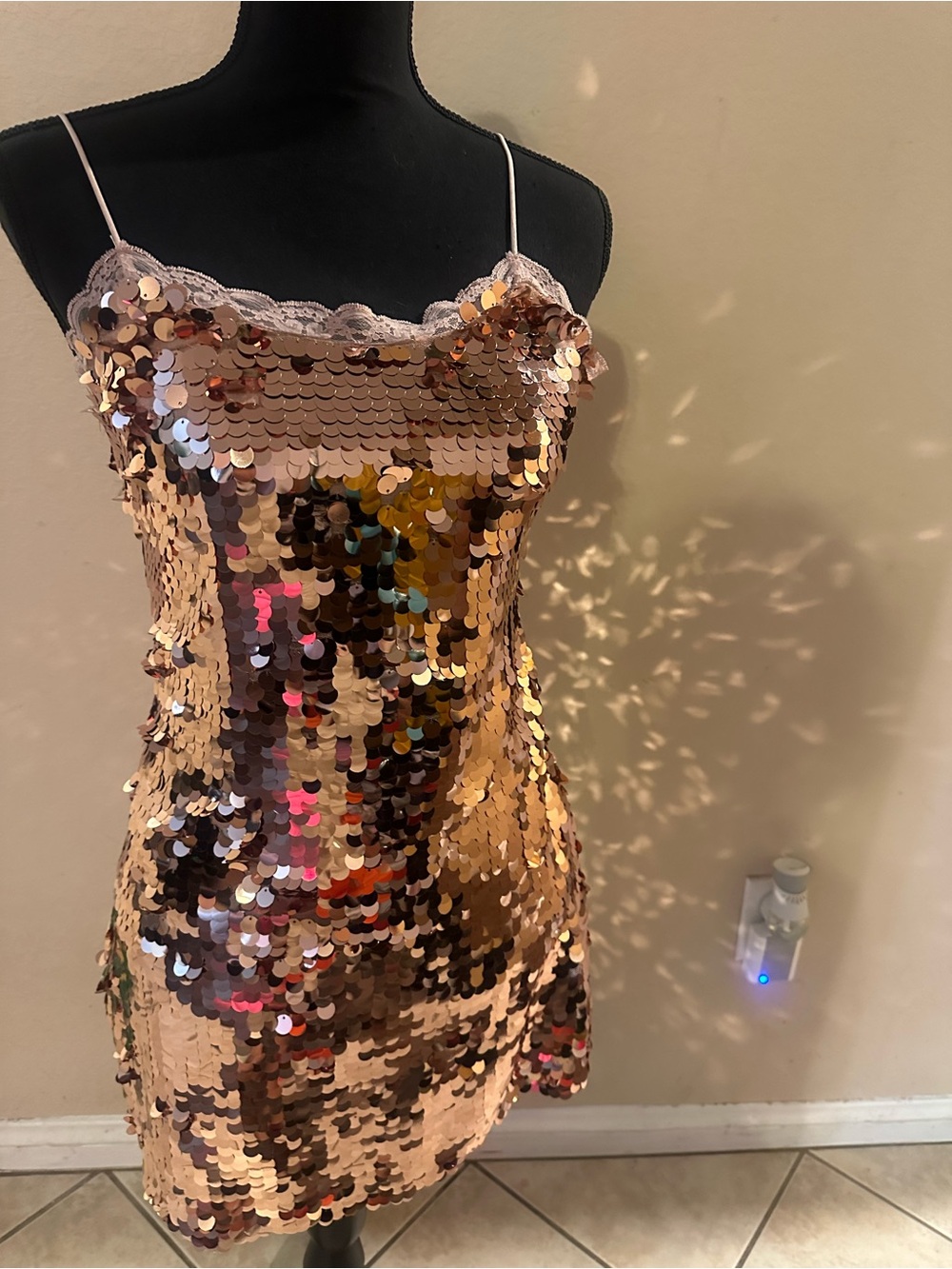 Gold Sequin Slip Dress with Lace Trim - Picture 1 of 5